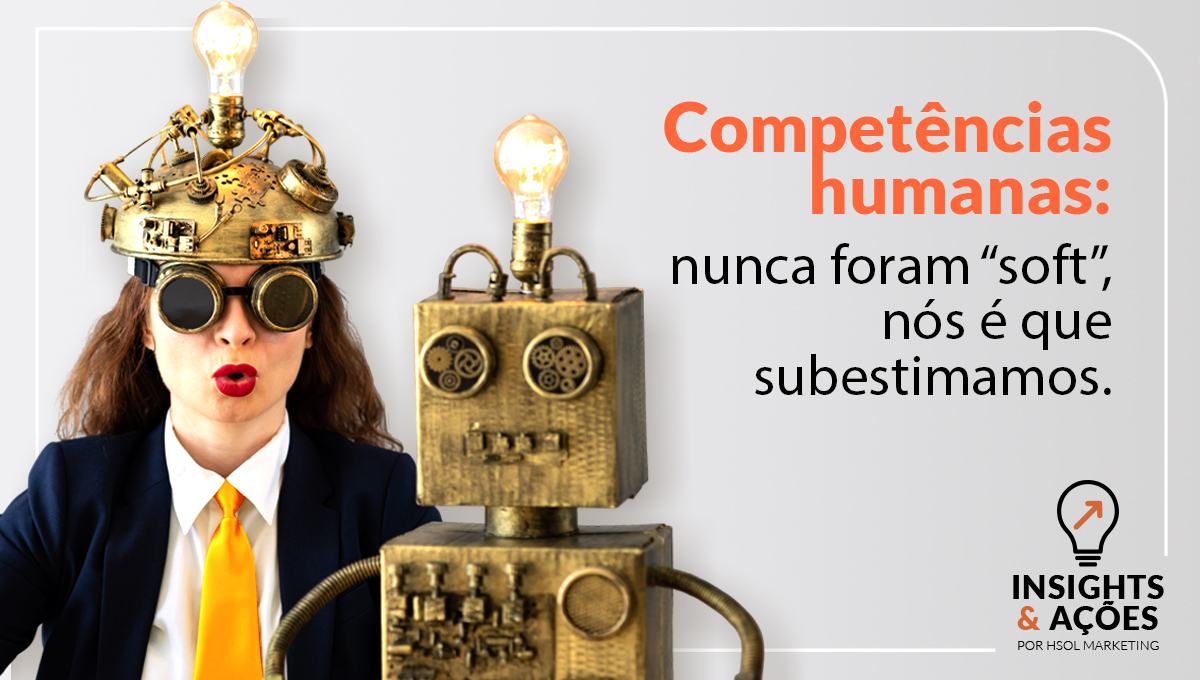 Mullher com máquina na cabeça e robô simbolizando desenvolvimento de competências humanas estratégicas